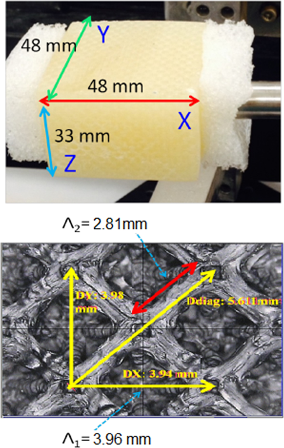 Ultrasonic investigation of the effect of compressive strains on 3D periodic bi-material structures